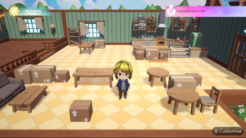 Inside the café, with broken tables and chairs. There are packages on the yellow floor. Published on: LadiesGamers