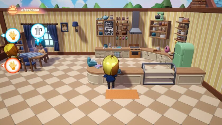 My character standing at the kitchen counter with coffee on a tray, to the side there are customers, one who has ordered coffee, another with a hand in a blue circle and one with a hand in a red circle. Published on: LadiesGamers