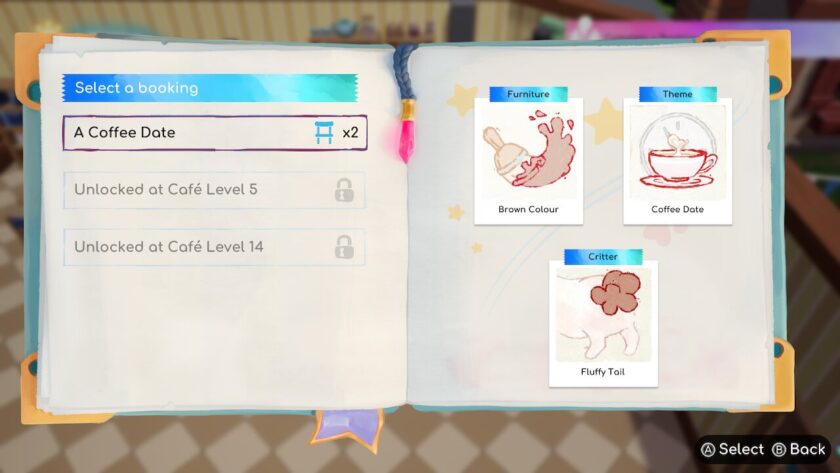 Select a booking menu, with the choice of themes. A coffee date is selected, which requires brown furniture, and a fluffy tailed critter. Published on: LadiesGamers