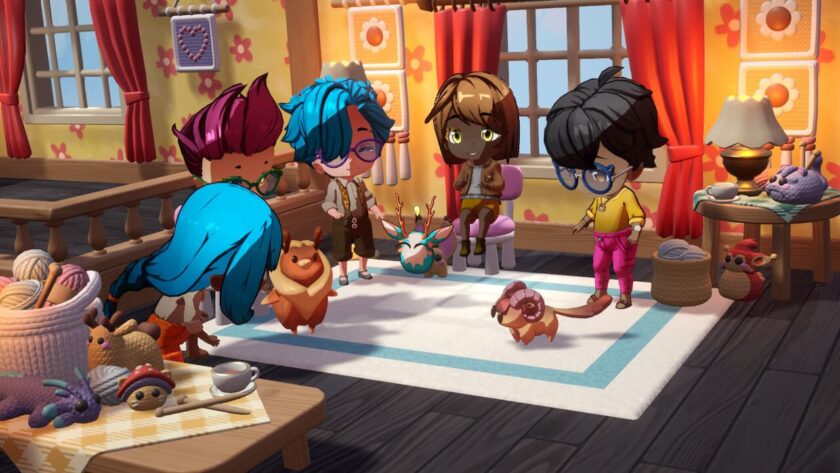 Five customers, sitting on pink chairs, are playing with three critters, surrounded by knitted critters and yarn baskets. Published on: LadiesGamers