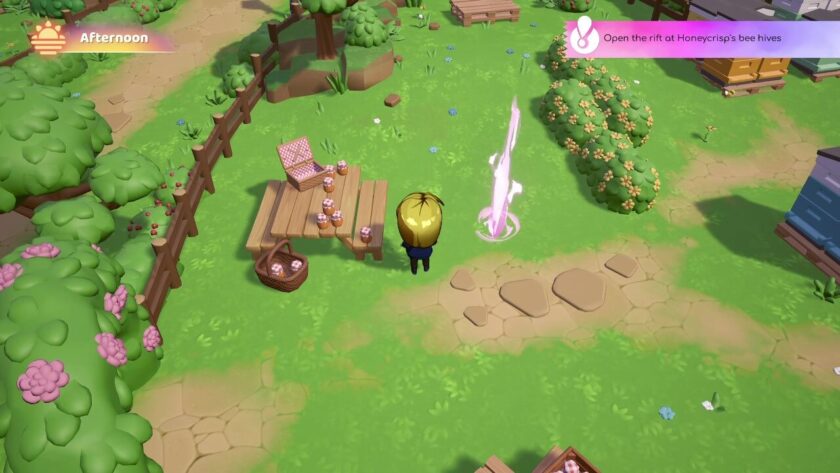 My character approaching a purple beam of light, which is in the middle of some grass. There is a picnic bench and bee hives around the area. Published on: LadiesGamers