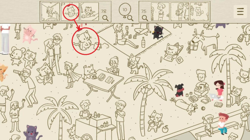 Beach scene, with red circles added to the picture to highlight the search item and its location on the main picture. Published on: LadiesGamers