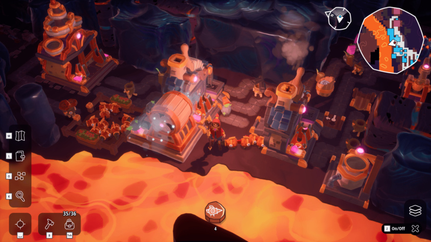 A colorful scene from Oddsparks shows a steampunk-inspired underground workshop near a lava flow. The area features mechanical structures, glowing pipes, and conveyor belts with small orange creatures. The player character stands in the center, surrounded by machines, crates, and workstations. A minimap in the top right corner displays the player's location, while the UI on the left and bottom shows inventory and controls. Published on: LadiesGamers.