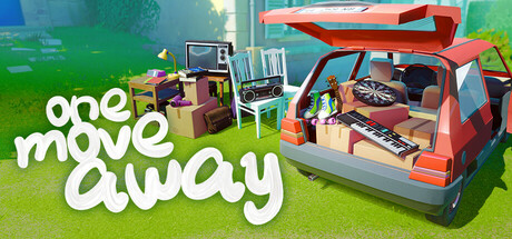 The image shows a bright and colorful scene from One Move Away. A red hatchback car with its trunk open is parked on a lush green lawn, packed with various items like a guitar, dartboard, keyboard, books, and boxes, suggesting a move or relocation. Nearby, a cluttered desk with a computer monitor, chair, boombox, and cardboard boxes sits on the grass. The game title, "one move away," is displayed in large white playful lettering across the left side of the image. Published on: LadiesGamers.