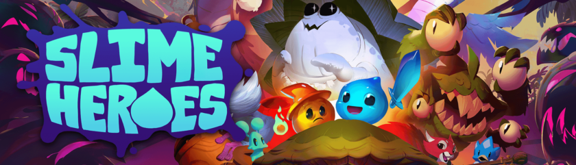 The image for Slime Heroes showcases a vibrant and colorful fantasy world featuring adorable, cartoonish slime characters. At the forefront, two slimes, one blue and happy, and one orange and concerned, stand ready for action. Surrounding them are various quirky creatures, including a large white blob-like figure, plant monsters with sharp teeth, and other whimsical companions. The bold "Slime Heroes" title in bright blue letters sits on the left, set against a lush, enchanted forest background. Published on: LadiesGamers.