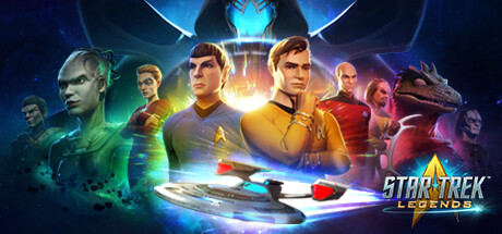 Cover art for Star Trek: Legends. The image showcases iconic characters from the Star Trek universe, including Spock and Captain Kirk, surrounded by a diverse crew of humans, aliens, and officers, each highlighted in vibrant, glowing colors. A starship flies in the foreground, leaving a trail of light as it traverses the galaxy. The backdrop features a cosmic scene with an imposing shadowy figure looming in the distance. The game title, "Star Trek Legends," appears in bold lettering with the signature Starfleet insignia. Published on: LadiesGamers.