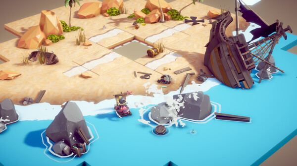 A vibrant isometric view of a tropical island in Tile Tales, featuring a grid-based layout with sandy tiles, scattered rocks, and patches of greenery. A broken pirate ship rests on the shore, with waves crashing against nearby rocks. A small character in a boat navigates the water, adding movement to the serene yet adventurous scene. Published on: LadiesGamers