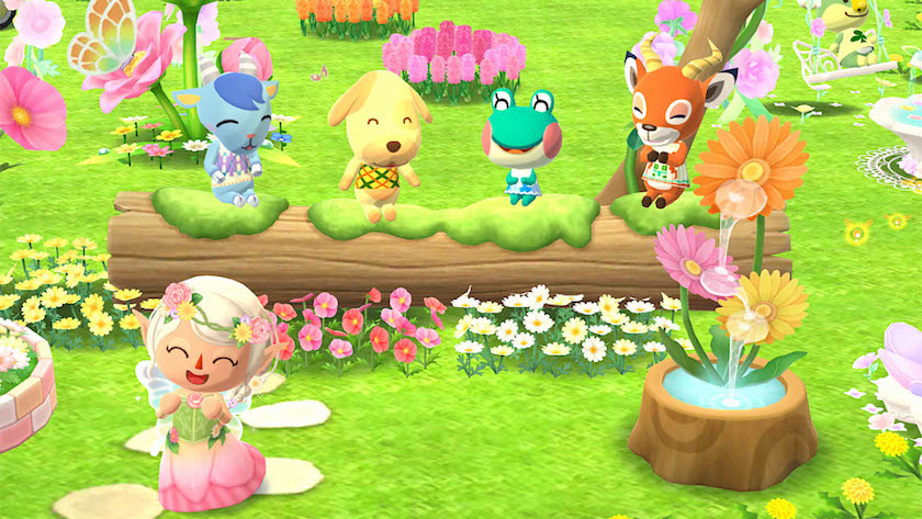 Animal crossing characters celebrate in a springtime woodland scene