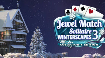 Jewel Match Solitaire Winterscapes 3 - Collector's Edition a winter cottage with christmas trees on a dark blue background