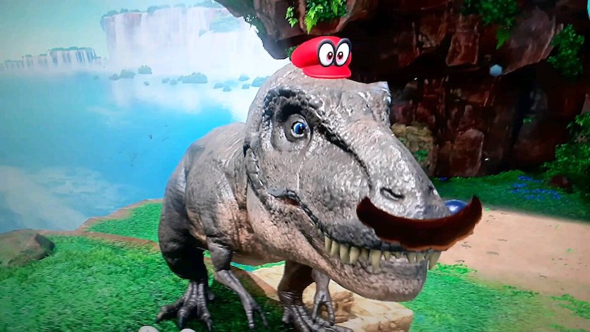 realistic t-rex in mario odyssey, complete with cartoon red mario hat and bushy mustache.