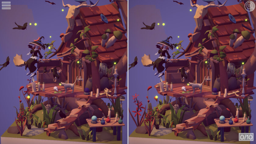 An image from ToriDori 2 showing a scene split in two with the same creepy house on both sides.