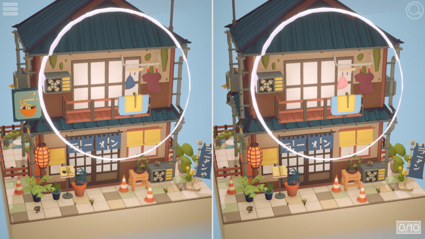 An image from ToriDori 2 showing a scene with a house. The house is shown on both sides of the image with a line down the middle and a circle placed over the same part of the image to provide a hint as to the next difference that can be found.