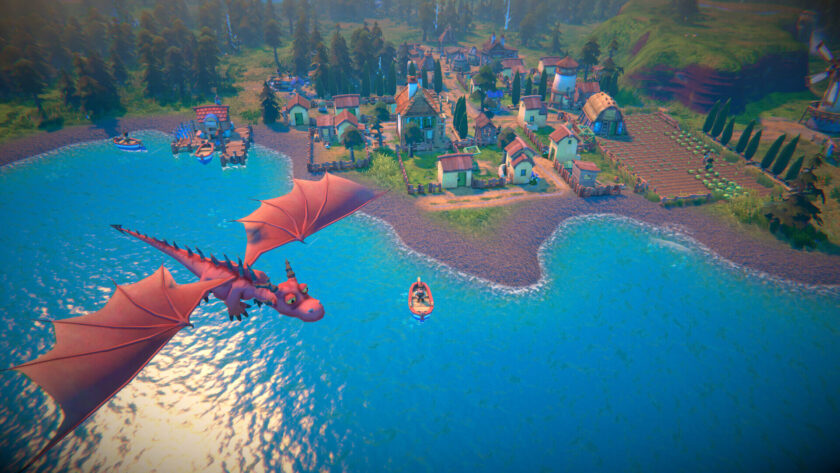 Fabledom, a red dragon flying over a blue sea and a town