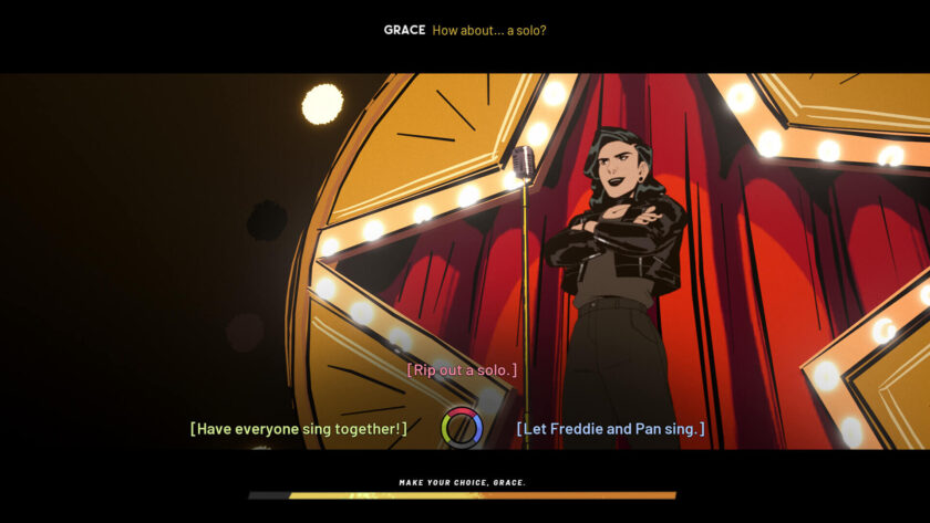 Games I've tried because of LadiesGamers Stray gods, some choices, the main character, a woman with dark hair on a stage