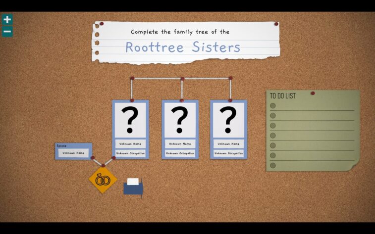 The Roottrees are Dead starting with a blank family tree for the Roottree sisters on a brown background