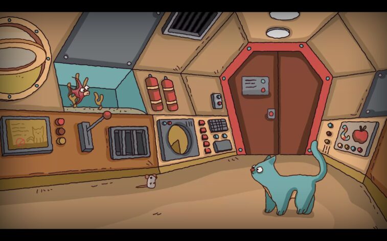 A mouse and a blue cat are looking at each other inside a rocket. Published on: LadiesGamers