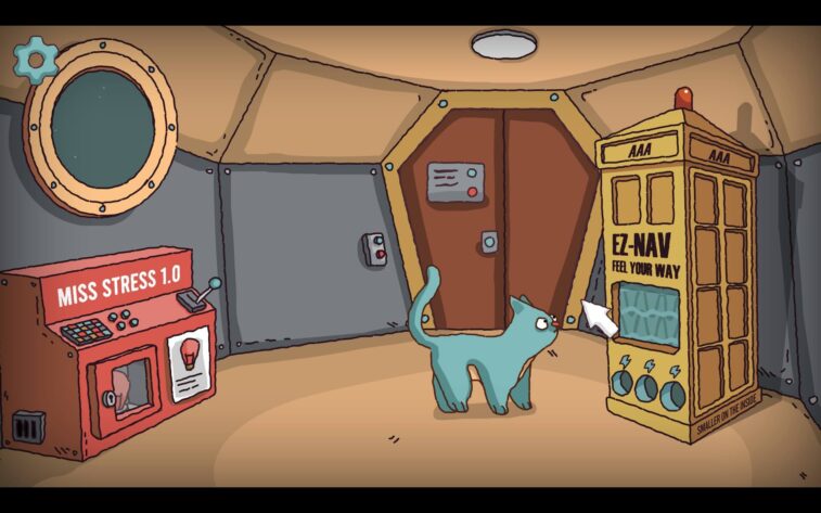 a blue cat inside a rocket looking at a yellow tardis. Published on: LadiesGamers