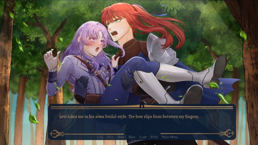 a red haired man carrying a purple haired woman though a forest. Published on: LadiesGamers