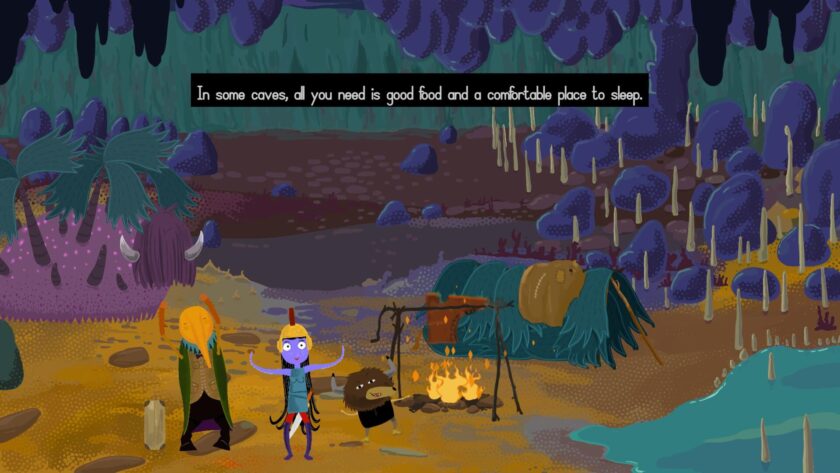 The characters In a cave around a camp fire, with the words "In some caves, all you need is good food and a comfortable place to sleep". Published on: LadiesGamers