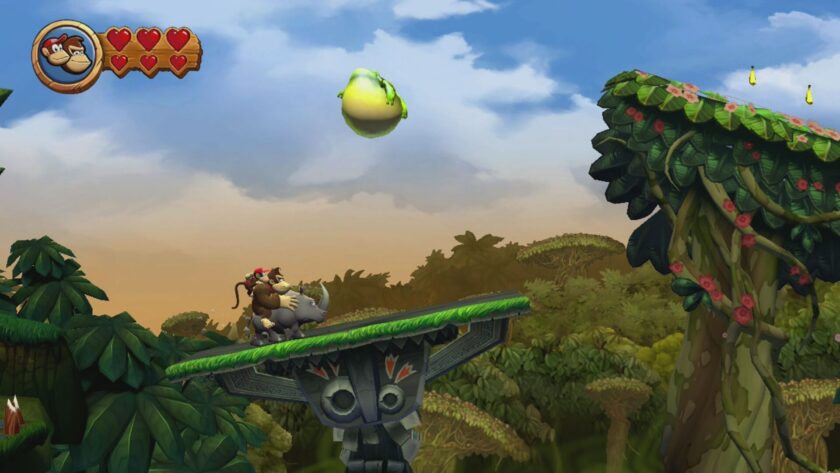 Donkey Kong Country Returns HD riding a rhino