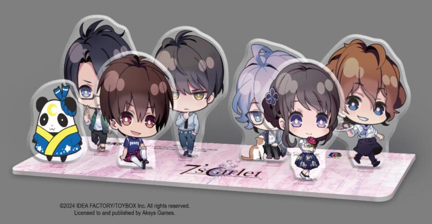 A collection of chibi-style acrylic standees featuring characters from 7’scarlet. Each character has a unique, endearing design, including a cheerful panda mascot, set against a soft pink background. Published on: LadiesGamers.