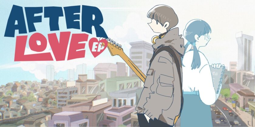 Title image for Afterlove EP, with a boy in a long coat holding a guitar standing back to back with a shadowy girl, both against a city background. Published on: LadiesGamers