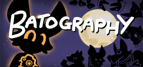A whimsical and colorful illustration featuring the title "Batography" in bold white letters against a nighttime backdrop with a full moon. A silhouetted bat holding a camera stands on the left, with other bat silhouettes in various playful poses scattered around the moonlit sky. The artwork conveys a lighthearted and adventurous atmosphere. Published on: LadiesGamers.