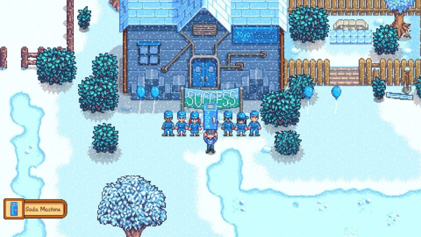 Jo standing in front of the Joja warehouse, lifting a blue cola machine above her head. Various characters in blue uniforms and blue hats are celebrating. Published on LadiesGamers