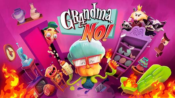 A chaotic and humorous scene from Grandma, No!, featuring a wild-eyed grandma with octopus tentacles causing mayhem in a room full of fire, flying objects, and panicked characters. The vivid colors and dynamic action exude comedic energy. Published on: LadiesGamers.