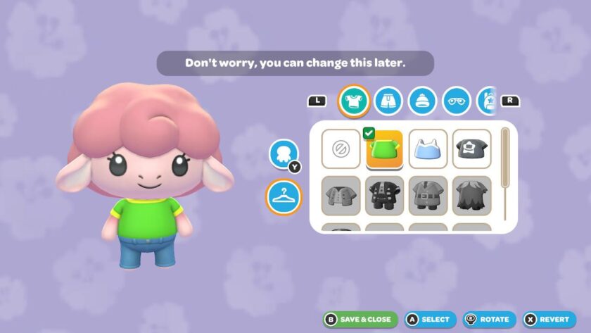Customisation menu, with my chosen character, a pink sheep with a green t-shirt and blue jeans. Published on: LadiesGamers
