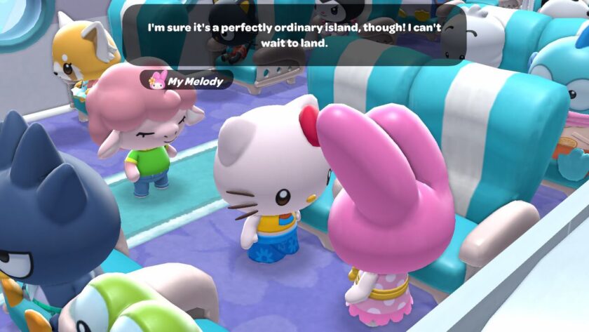 Standing with Hello Kitty and My Melody. My Melody is saying “I'm sure it's a perfectly ordinary island, though!” Published on: LadiesGamers
