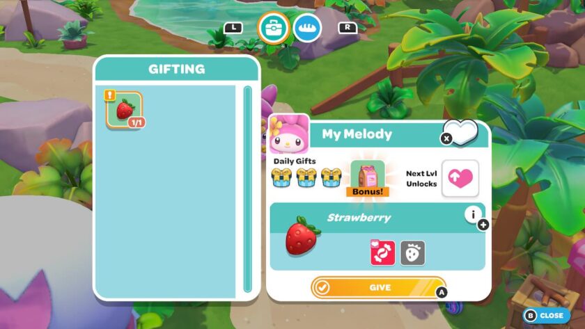 Gifting menu, with items appropriate for gifting on the left and details about the character on the right. Published on: LadiesGamers
