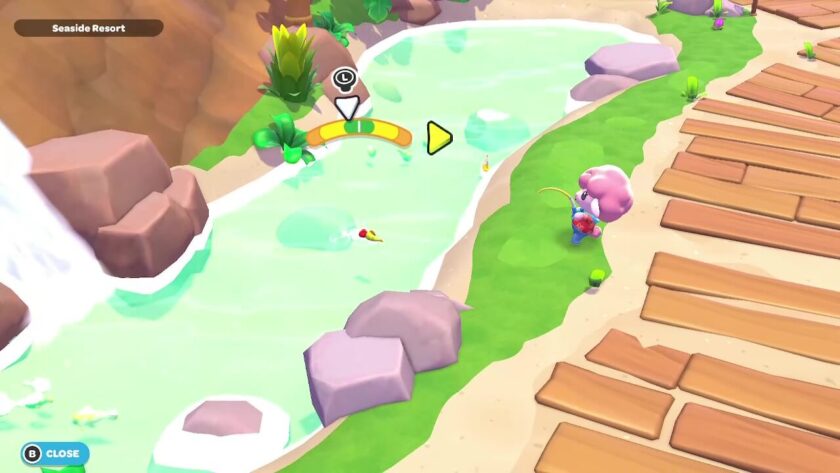 Fishing in Hello Kitty Island Adventure with a curved bar with a green centre and an arrow above it. Published on: LadiesGamers