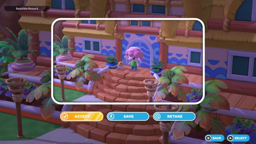 Camera mode, with my character standing next to a gudetama, near the resort plaza. Published on: LadiesGamers