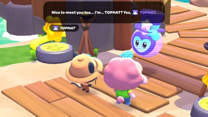 My character and Chococat standing talking to a holographic tophat, he says “Nice to meet you too..I'm TOPHAT? Yes, TOPHAT.” Published on: LadiesGamers