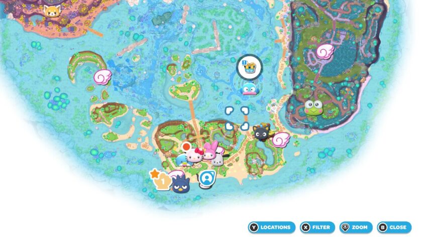 Map of the Hello Kitty Island Adventure world, with character icons showing where the residents are, as well as quest and fast travel icons. Published on: LadiesGamers