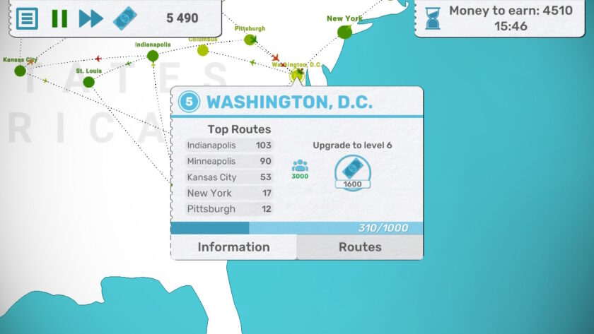 A Fly Corp gameplay screen showing detailed airport information for Washington, D.C. The top routes and upgrade costs are displayed, with Indianapolis being the busiest connection. Published on: LadiesGamers.