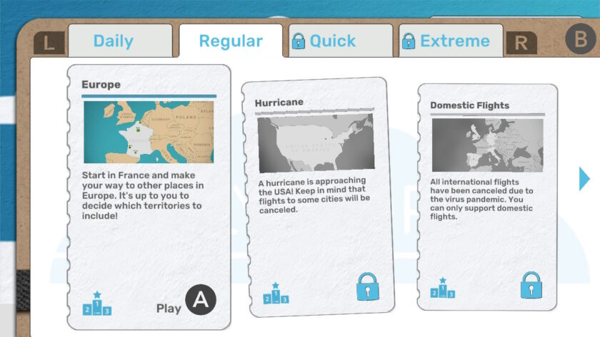 A scenario selection screen in Fly Corp displays different game modes, including "Europe," "Hurricane," and "Domestic Flights." Each mode has a brief description and an image, with some options locked. Published on: LadiesGamers.