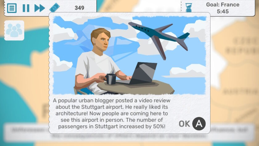 A pop-up event in Fly Corp features an illustration of a man using a laptop with an airplane flying above him. The text describes a popular urban blogger's review of Stuttgart airport, increasing passenger numbers by 50%. Published on: LadiesGamers.