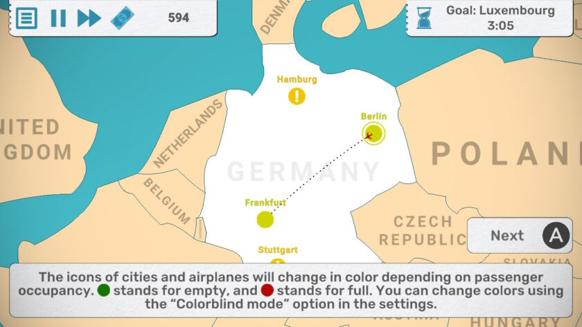 A gameplay screen in Fly Corp showing a map of Germany with flight routes between cities like Berlin and Frankfurt. A tutorial message explains how city and airplane icons change colors based on passenger occupancy. Published on: LadiesGamers.