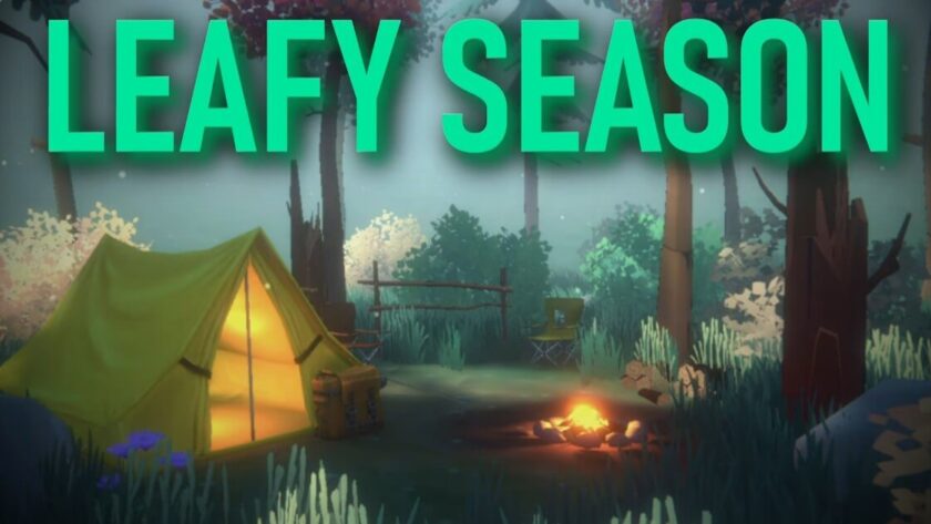 Title image for Leafy Season, with a tent and camp fire in a forest. Published on: LadiesGamers