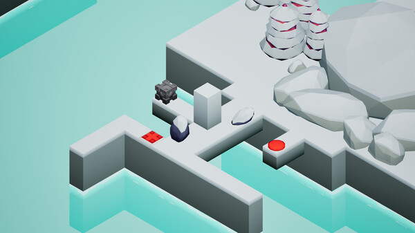 The image showcases a minimalist puzzle environment from Mirage: Ignis Fatuus, featuring a clean, geometric design with walkable platforms, switches, and movable objects. This style highlights the game’s perspective-shifting mechanics, where you’ll need to manipulate the view to solve intricate spatial puzzles. The icy blue water and sharp contrasts in the level design give it a serene yet dynamic atmosphere, perfectly in line with the City of Illusions theme.