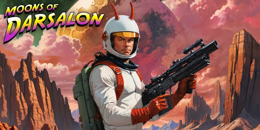 Title image for Moons of Darsalon, with an astronaut in a white space suit standing on a red rocky planet, holding a large gun. Published on: LadiesGamers