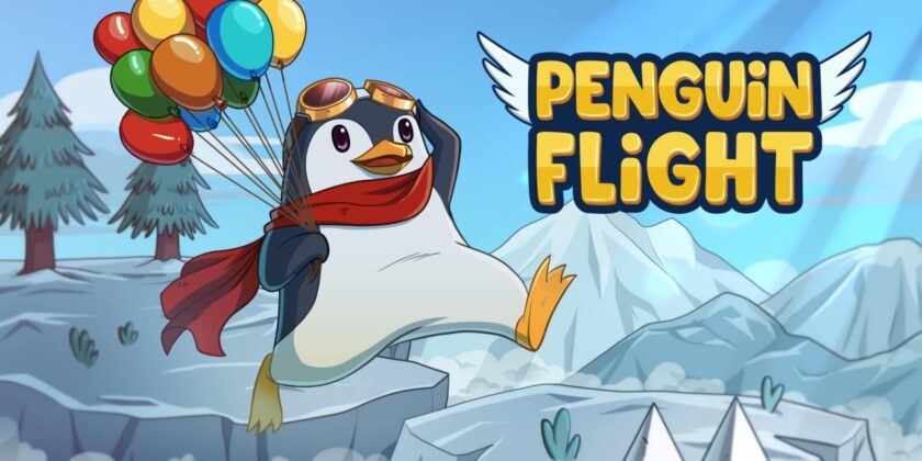 Title image for Penguin Flight, with a penguin wearing flying goggles and scarf jumping across icebergs holding a bunch of balloons. Published on: LadiesGamers