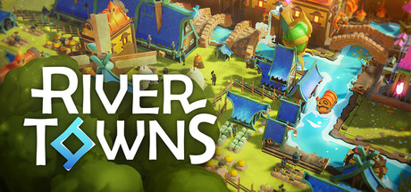 Colorful and vibrant artwork of River Towns showing a whimsical riverside village. The scene features blue-roofed houses, a flowing river with a small bridge, and lively activity among the villagers. Bright colors and playful designs bring the town to life. Published on: LadiesGamers.
