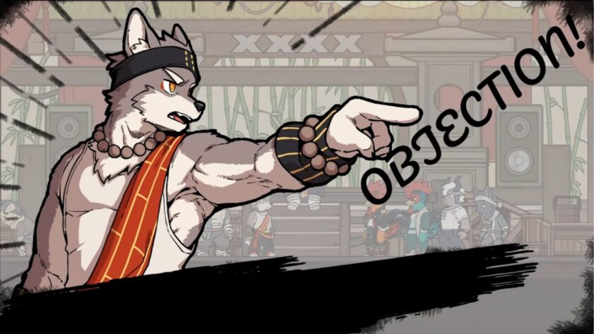 The wolf Triratna in classic Ace Attorney Objection pose, with finger outstretched.