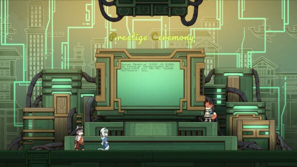 Our protagonists of Threefold Recital regard a strange, wood-cyberpunk computer.