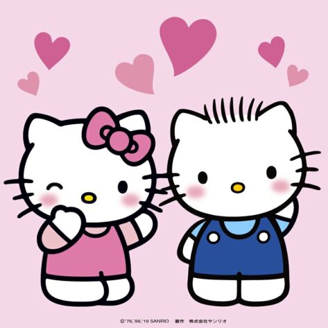 An illustration of Hello Kitty and her twin brother, Dear Daniel, against a soft pink background with floating pink hearts. Hello Kitty wears a pink dress with a matching bow, winking and holding her paw to her cheek. Dear Daniel wears blue overalls and has his signature spiky hair, looking slightly shy. The image captures a cute and affectionate moment between the siblings.