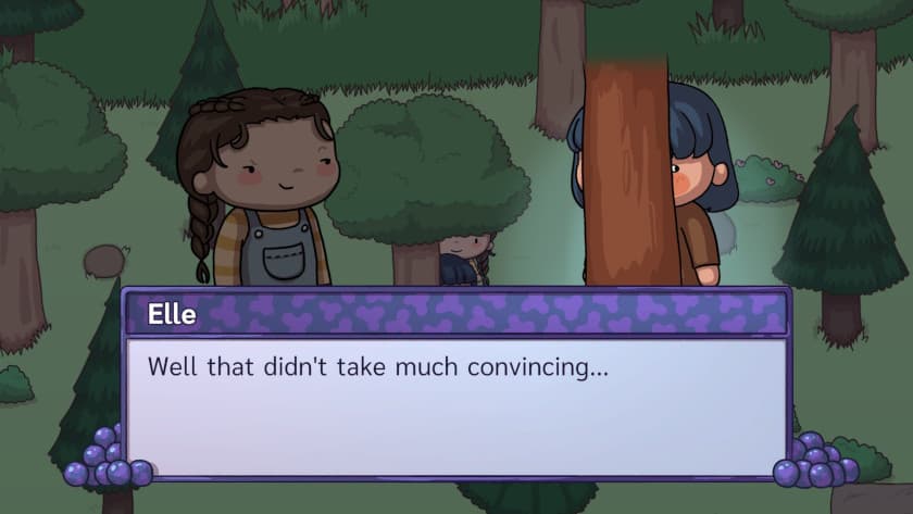 Two children are talking as one of the hides behind a tree trunk in Berry Berry Festival.