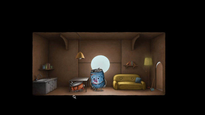 Inside a house made from a cardboard box, Blue Can is peering under the table at a squat orange can which acts like a dog. Published on: LadiesGamers